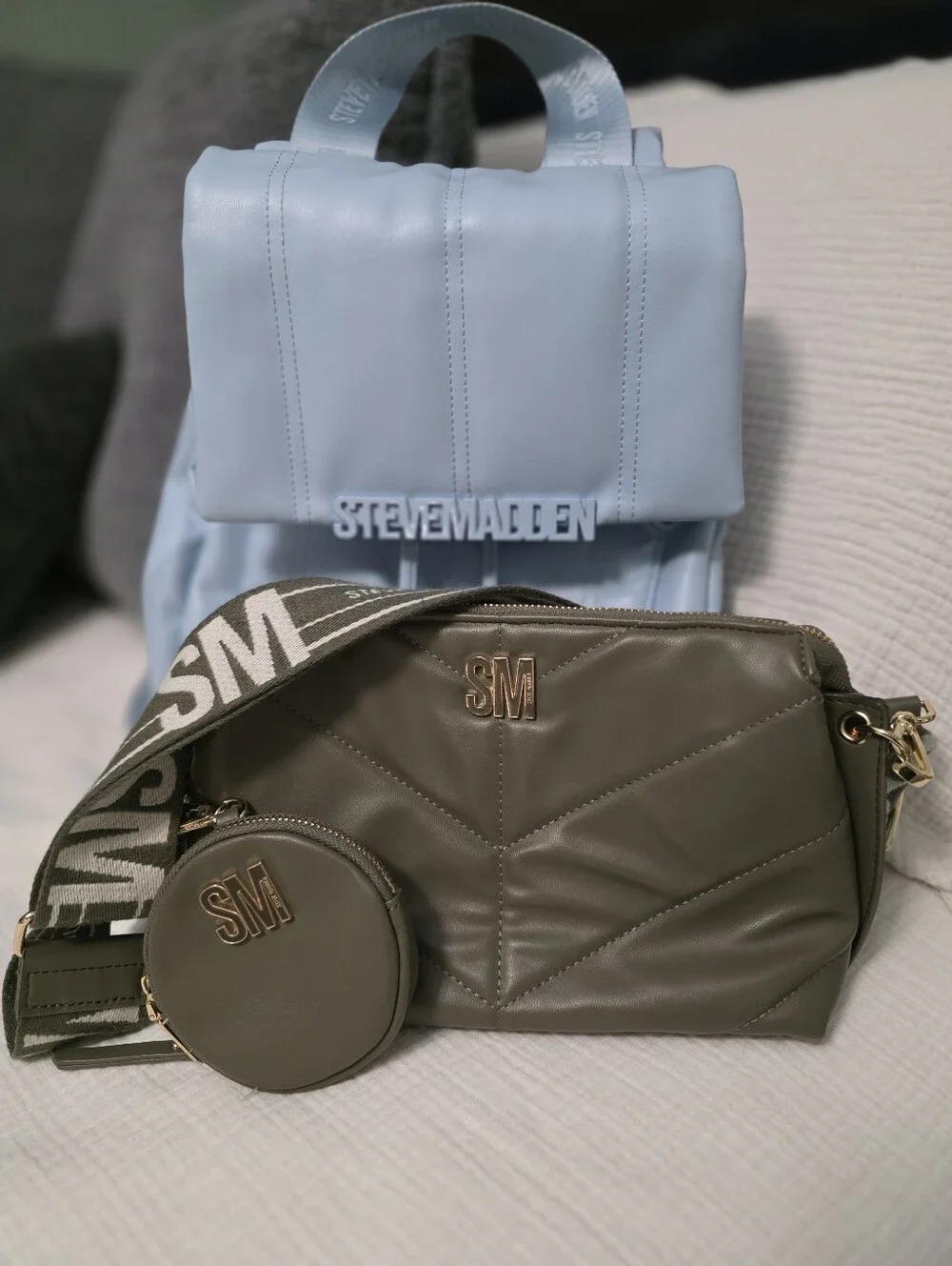Steve Madden Bundle Olive Quilted Crossbody Bag And Baby Blue Book Bag